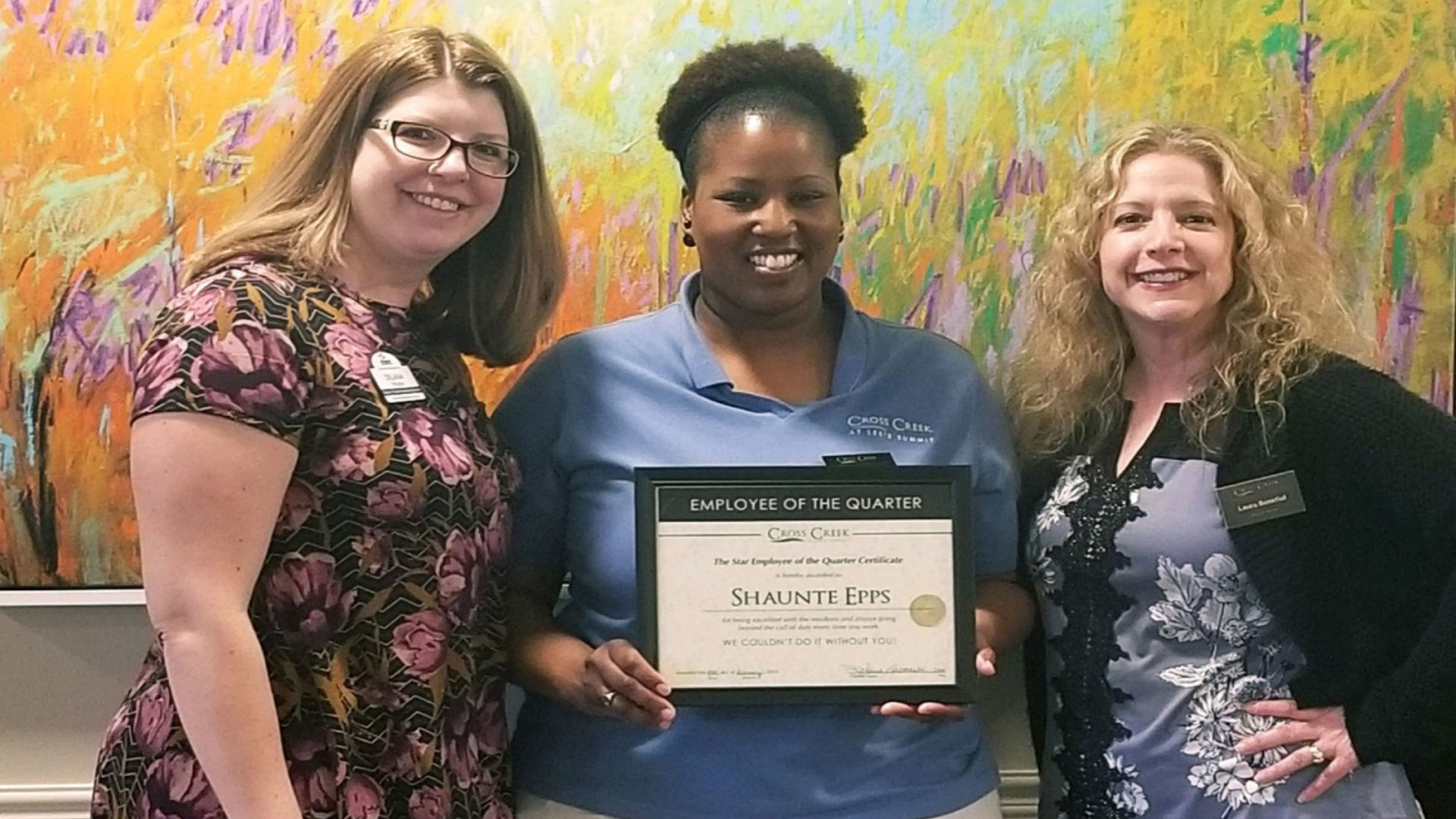 Cross Creek at Lee’s Summit Assisted Living | Memory Care recognizes an employee each quarter with a Star Employee of the Quarter award. This quarter’s award went to Shaunte Epps, CNA.